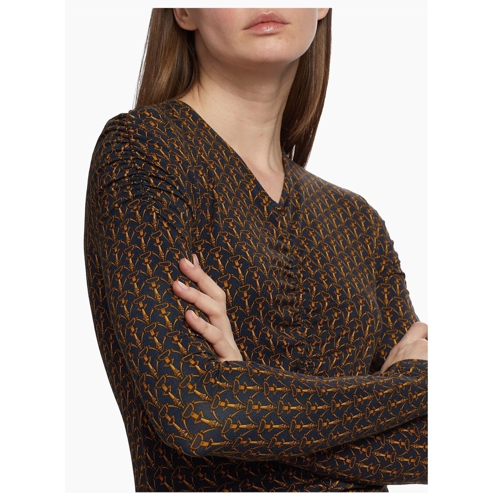 Veronica Beard Neeta Ruched Long Sleeve Top Horsebit Equestrian Classic V Neck M
